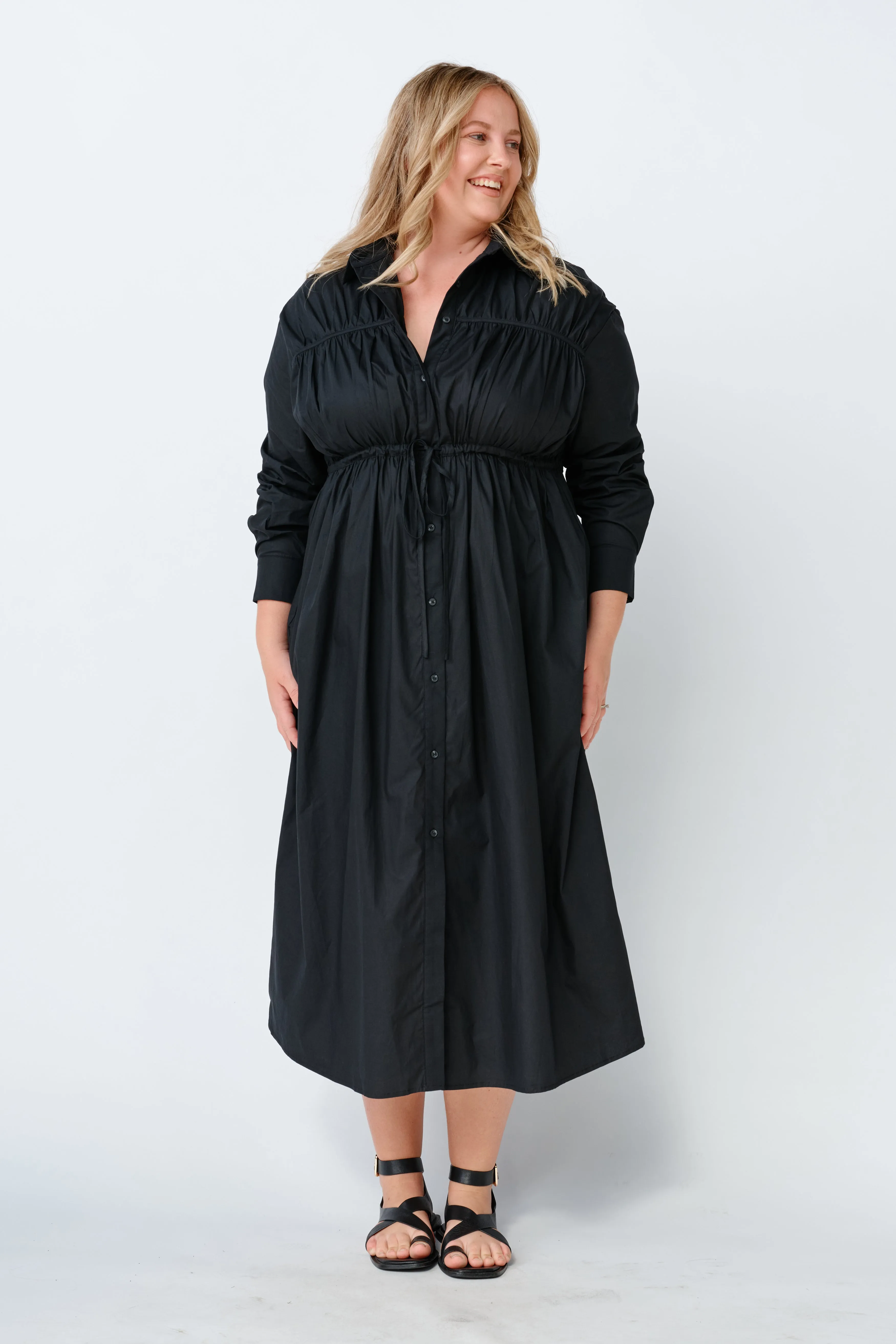 Avalon Drawstring Button-Down Dress - Black