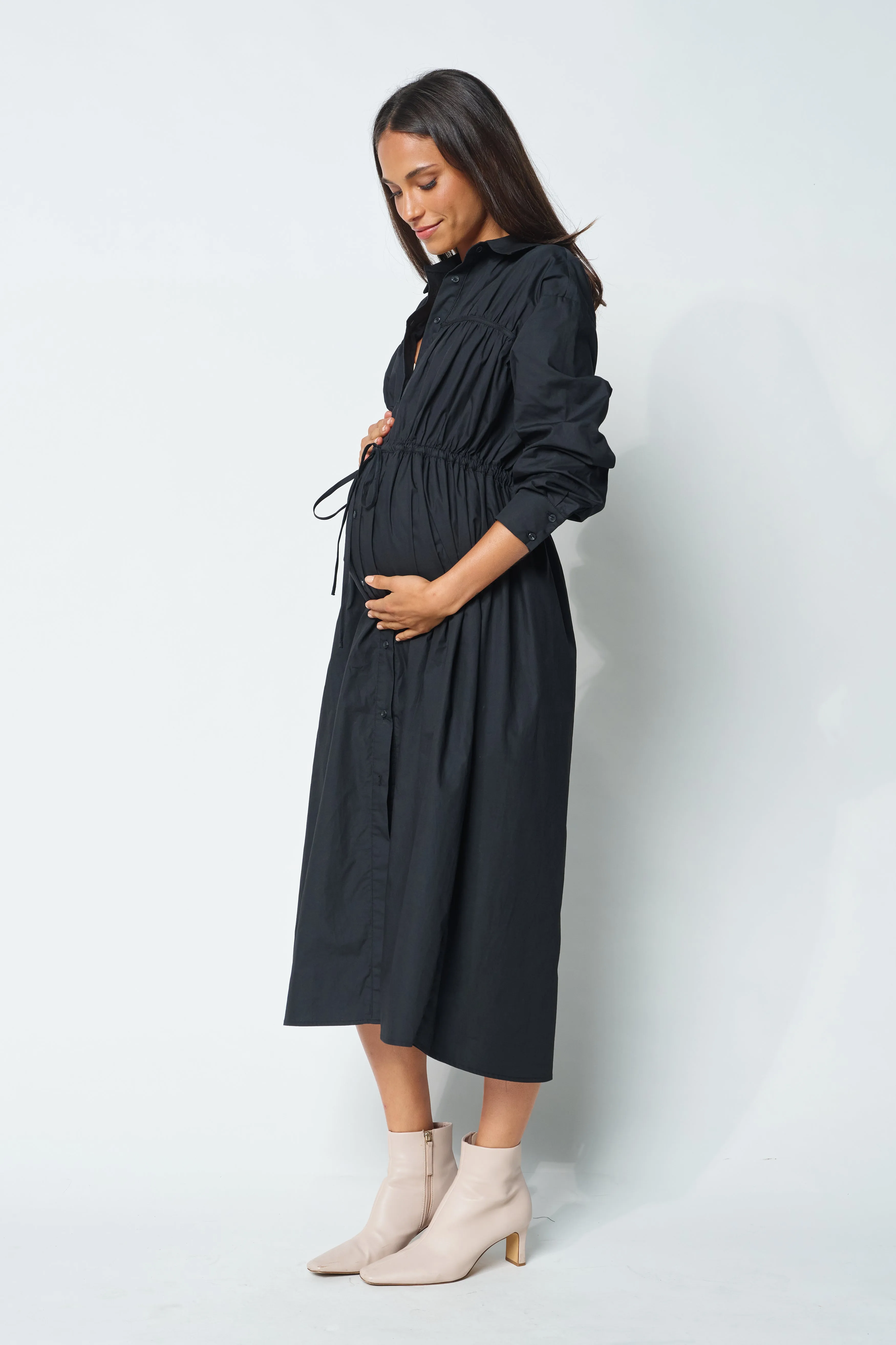 Avalon Drawstring Button-Down Dress - Black