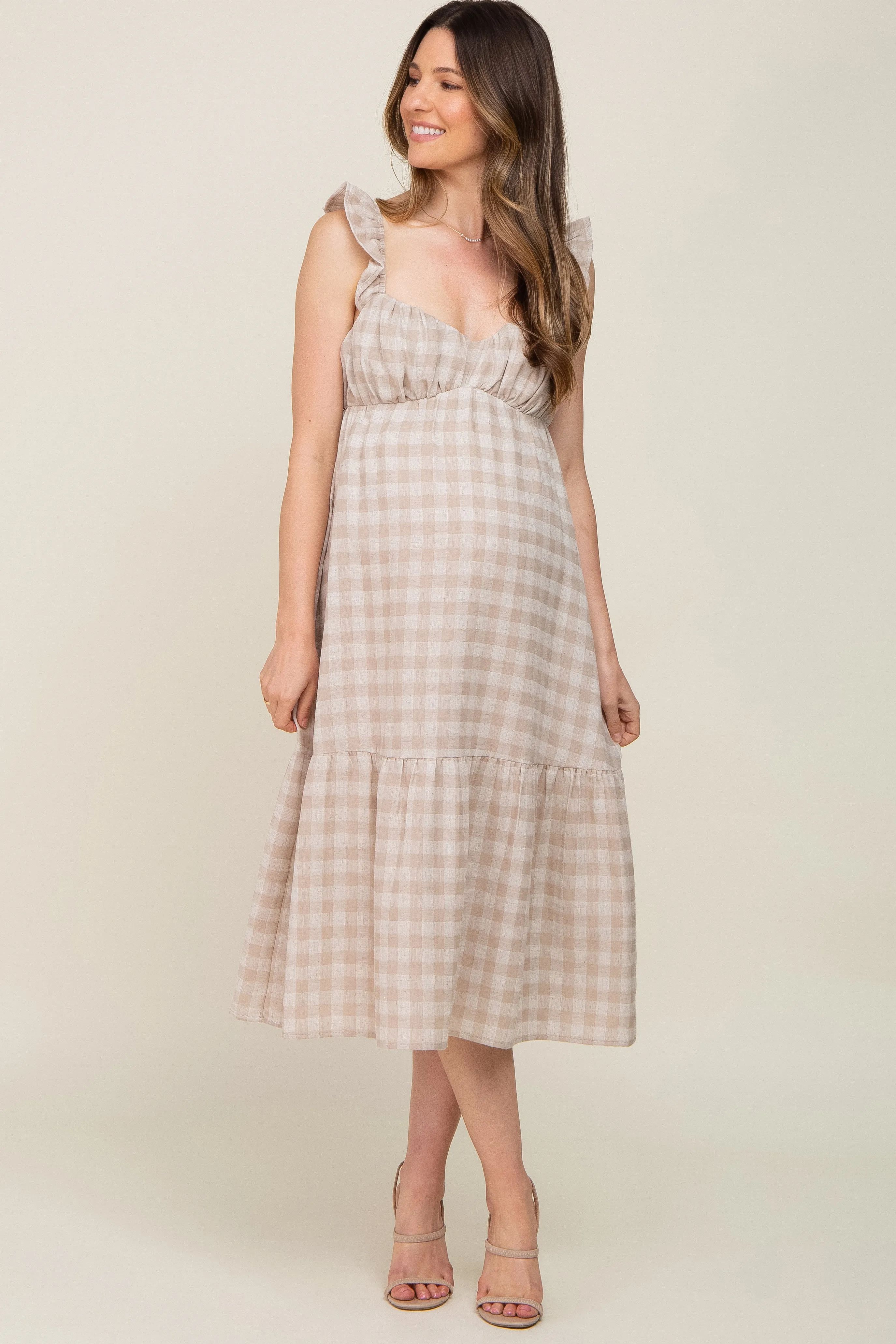 Beige Checkered Linen Sweetheart Neck Ruffle Strap Maternity Midi Dress