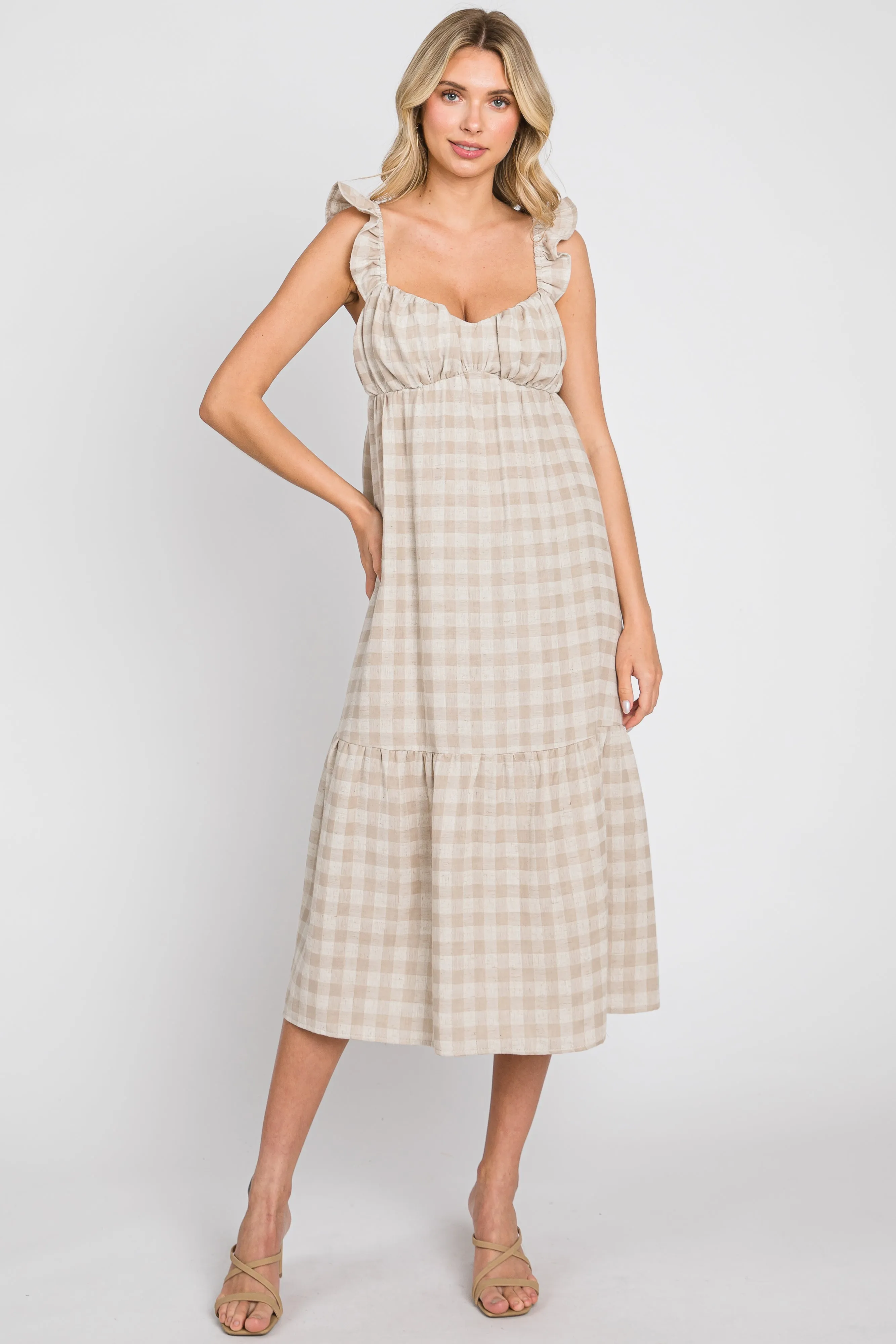 Beige Checkered Linen Sweetheart Neck Ruffle Strap Maternity Midi Dress