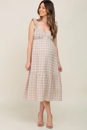 Beige Checkered Linen Sweetheart Neck Ruffle Strap Maternity Midi Dress