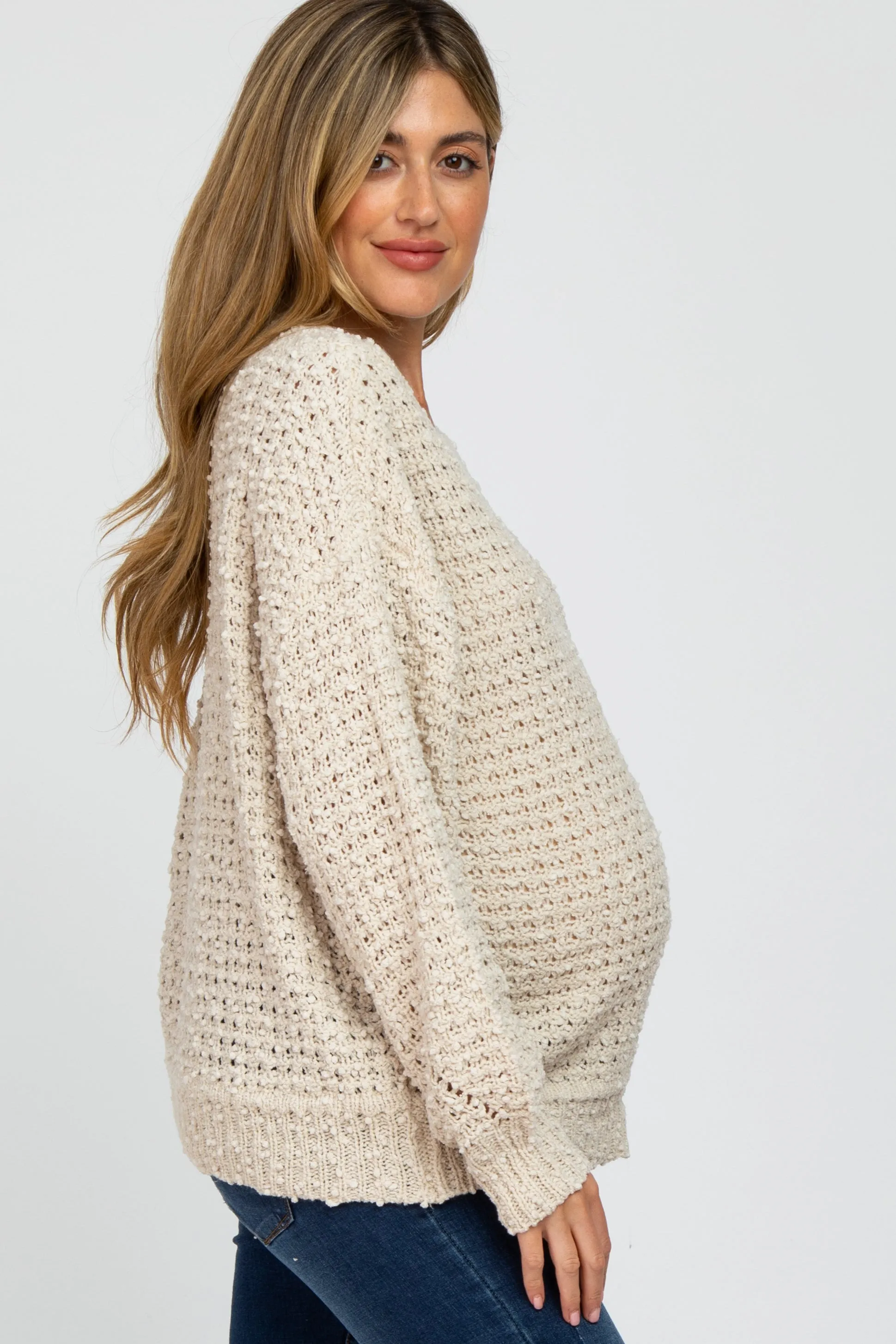 Beige Chunky Knit Maternity Sweater