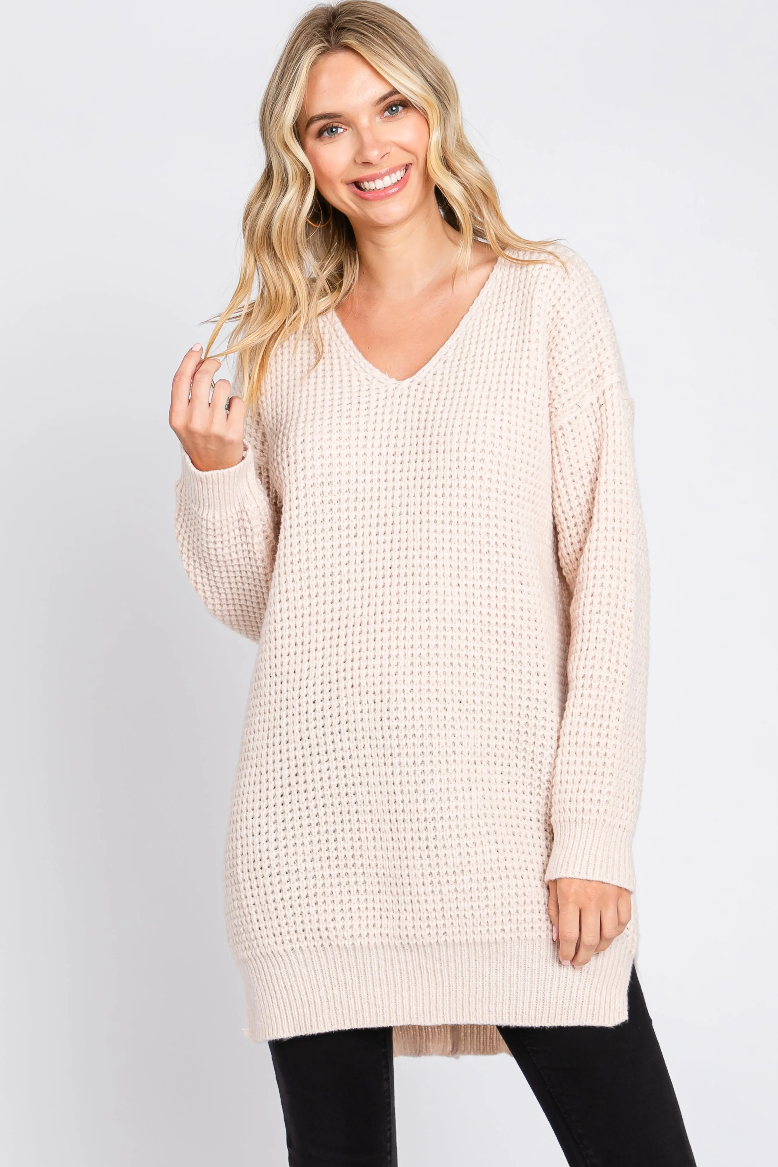 Beige Chunky Knit V-Neck Side Slit Long Maternity Sweater