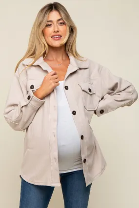 Beige Fleece Double Front Pocket Maternity Jacket