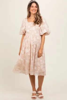 Beige Floral Embroidered Short Puff Sleeve Maternity Dress