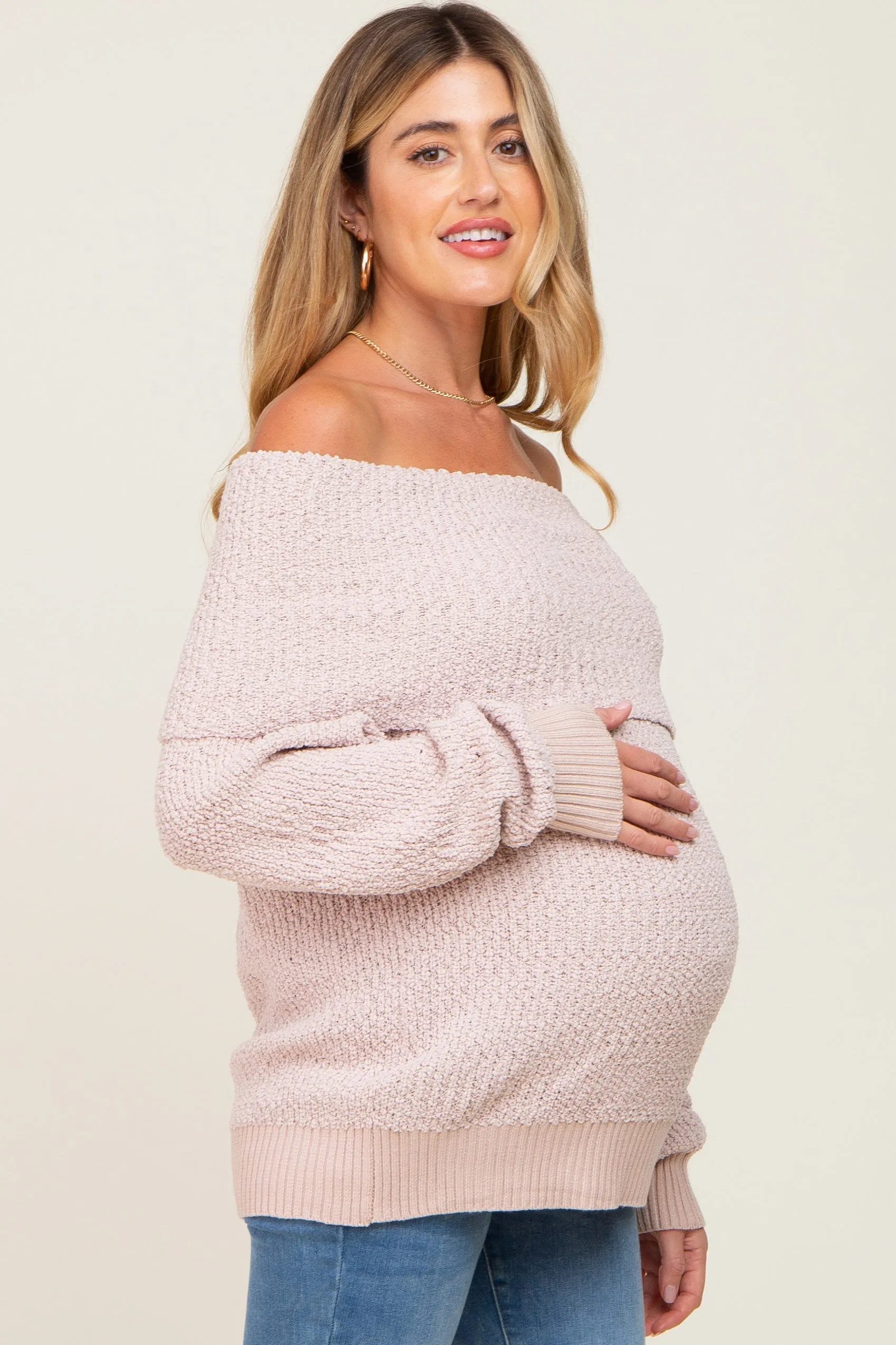 Beige Foldover Off Shoulder Maternity Sweater