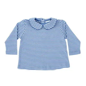 Button Back Knit Shirt- Medium Blue Stripe