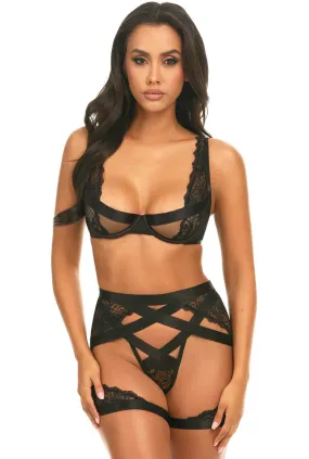 Luxe Black Lace Underwire Bra, Gstring & Garter Set