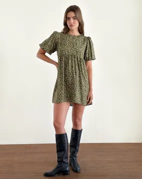 Marate Puff Sleeve Mini Dress in Grunge Floral Khaki