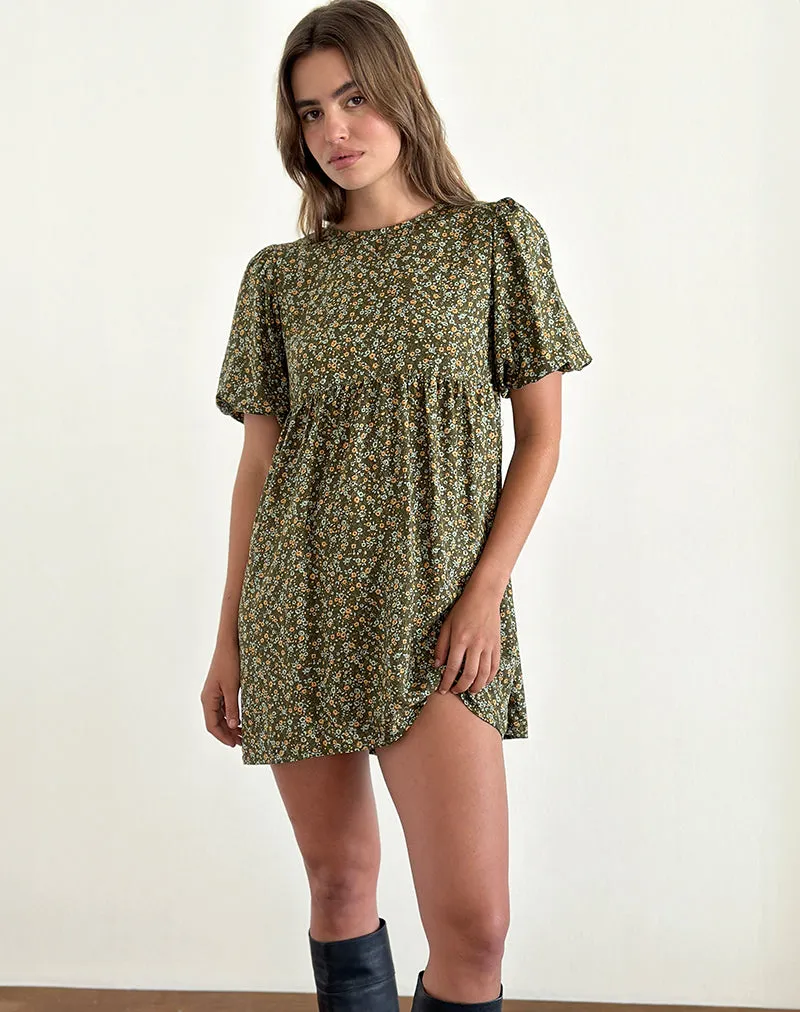 Marate Puff Sleeve Mini Dress in Grunge Floral Khaki