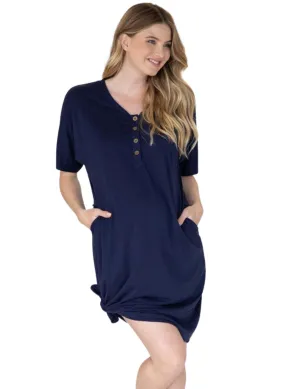 Maternity & Nursing Home Dress   Matching Baby Wrap (Knee Length) - Navy