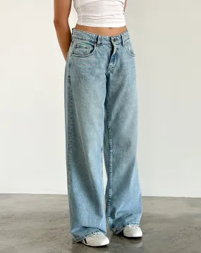 Roomy Extra Wide Low Rise Jeans in Washed Blue Green