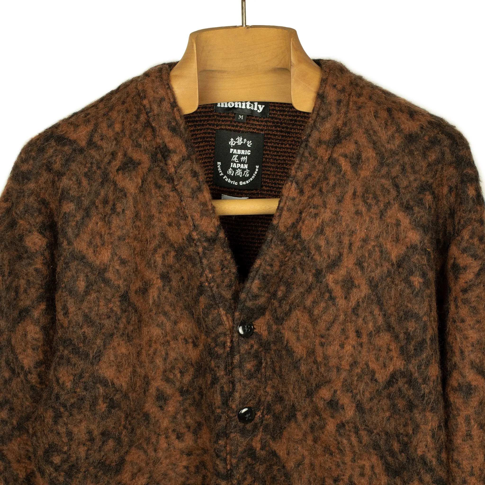 Shaggy v-neck cardigan in brown and black talisman pattern