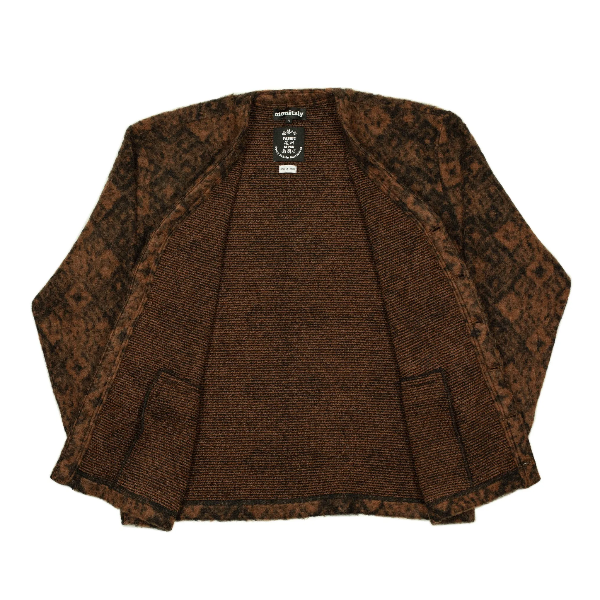 Shaggy v-neck cardigan in brown and black talisman pattern