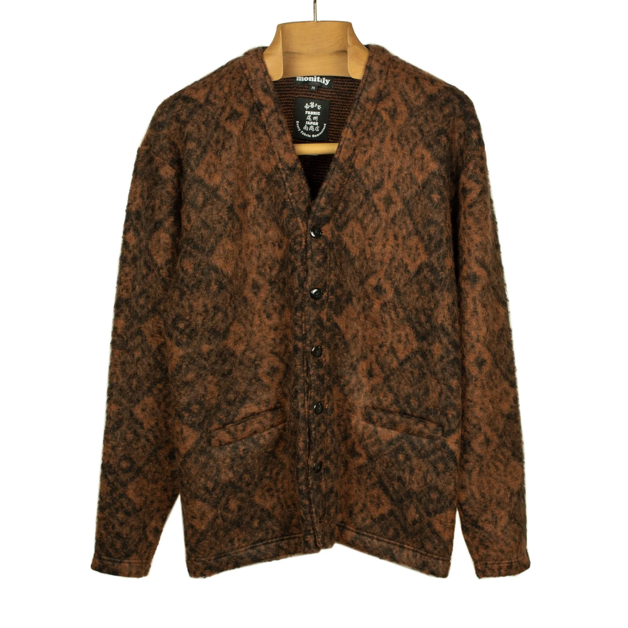 Shaggy v-neck cardigan in brown and black talisman pattern