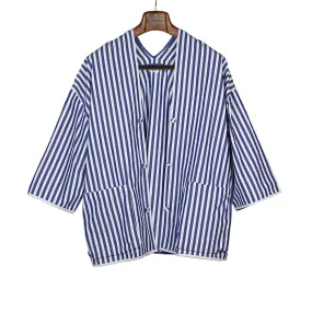 Short sleeve shirt jacket in white and blue butcher stripe Giza cotton chambray