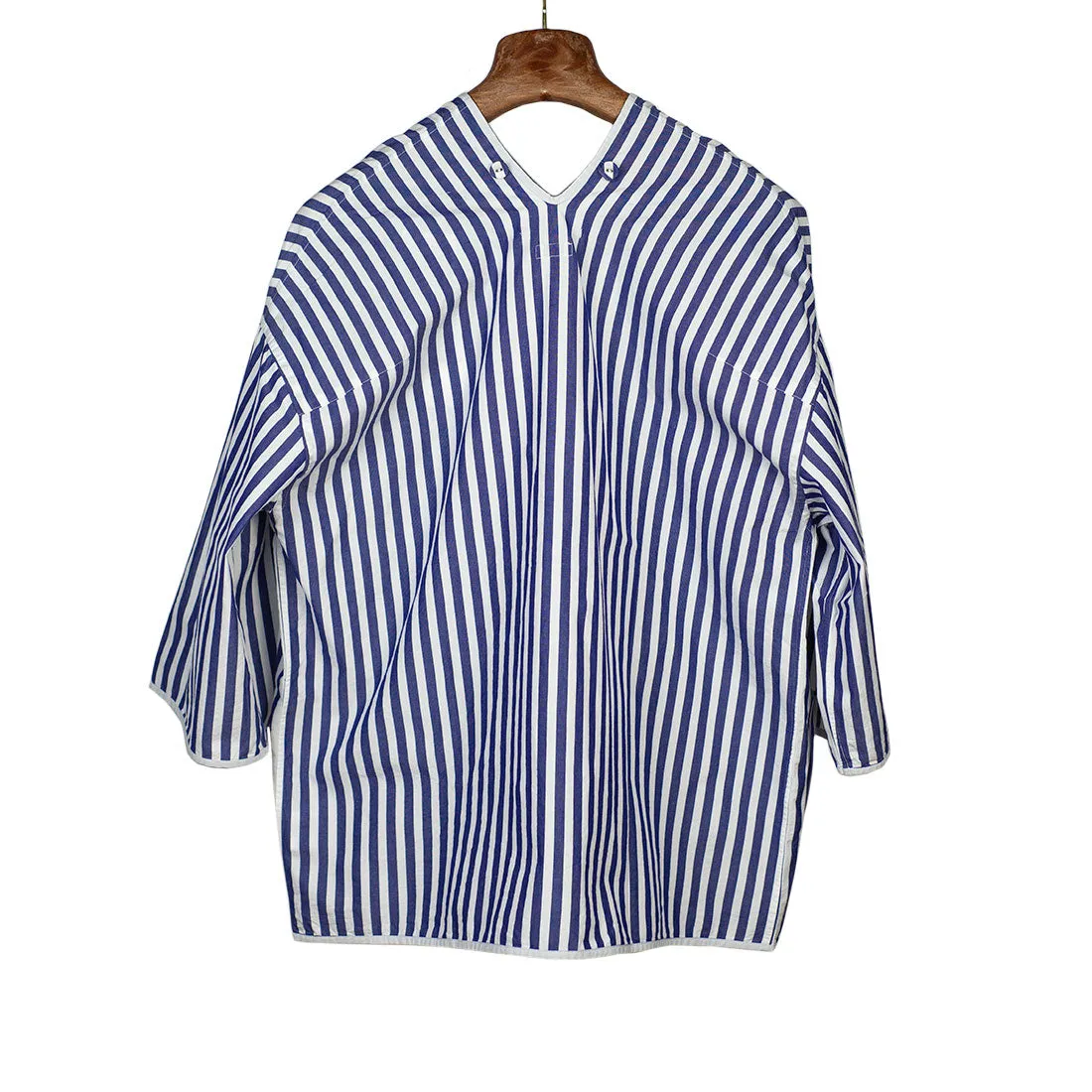 Short sleeve shirt jacket in white and blue butcher stripe Giza cotton chambray