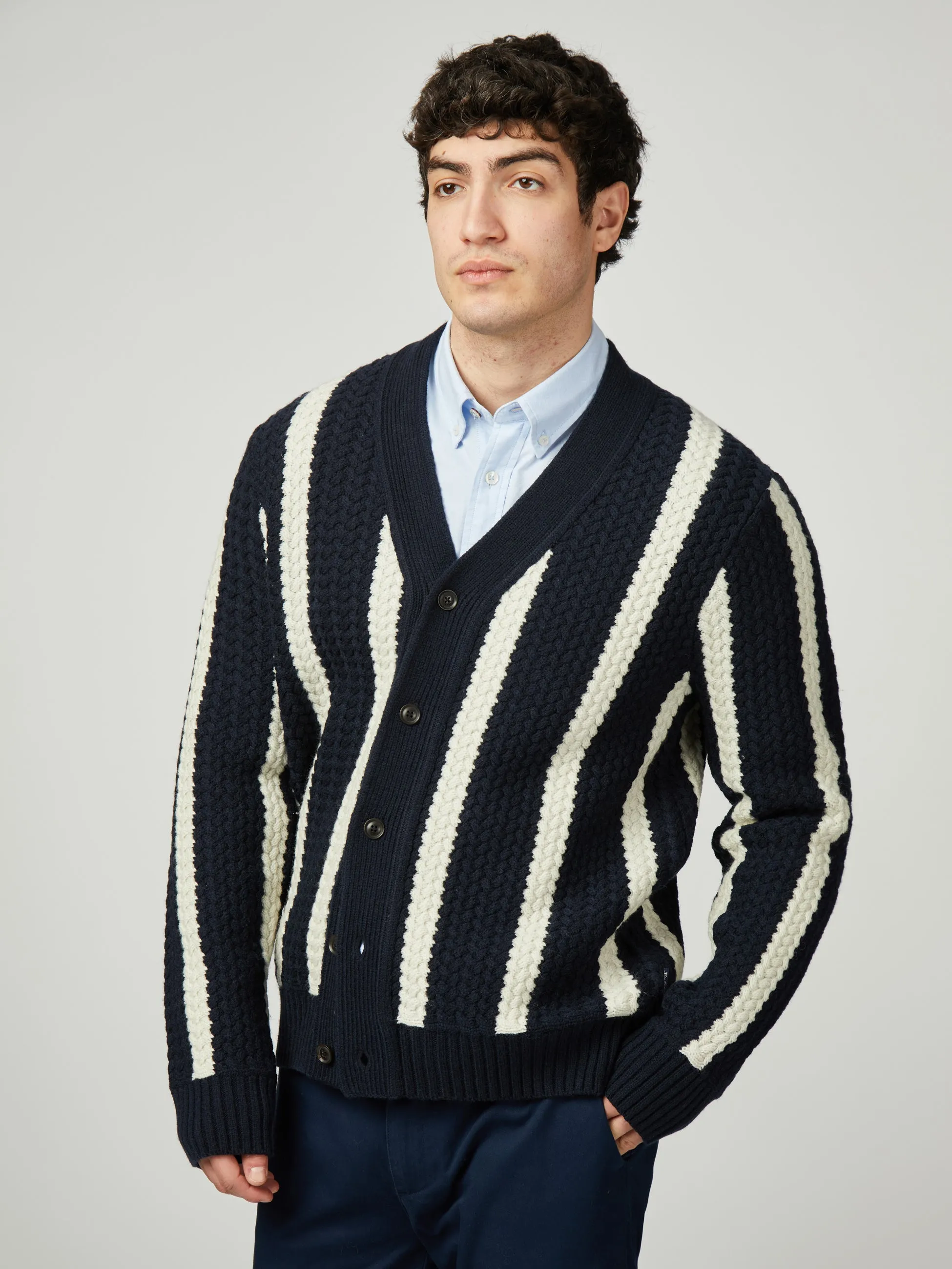 Textured Stripe Cardigan - Dark Navy